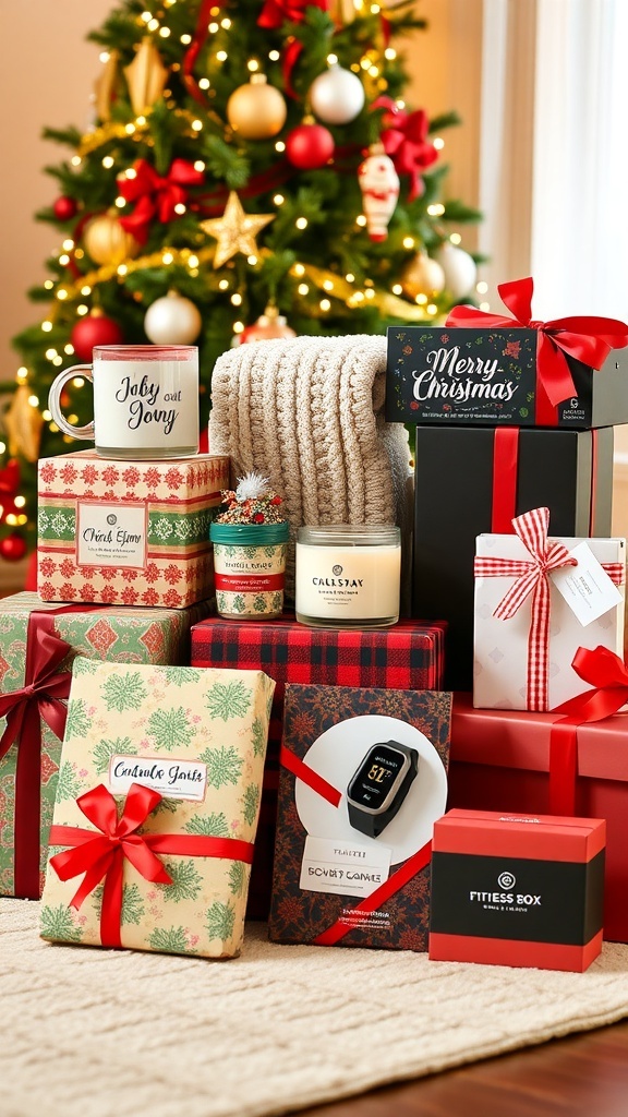 A collection of Christmas gifts including a mug, blanket, candles, chocolates, board game, fitness tracker, and subscription box, arranged with holiday decorations.